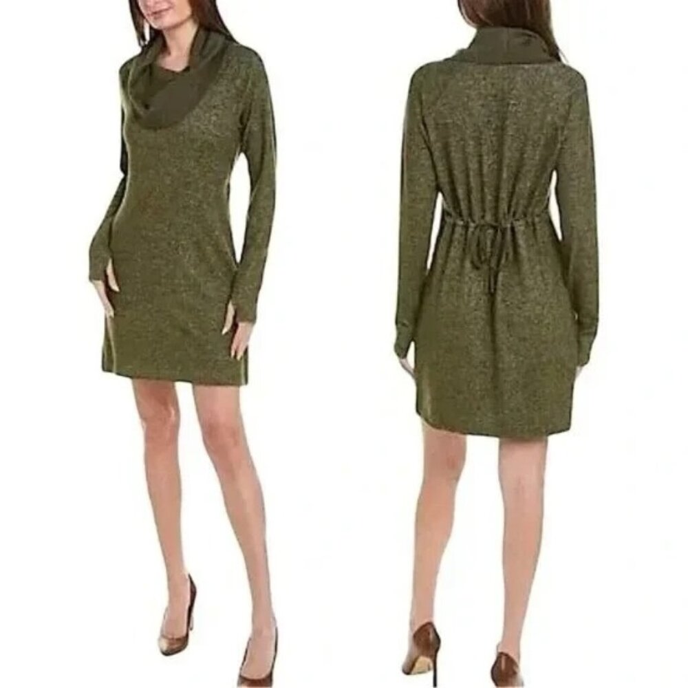 CAbi Solace Cowl Neck Mini Sweater Dress Size Medium Long Sleeve Drawstring Knit